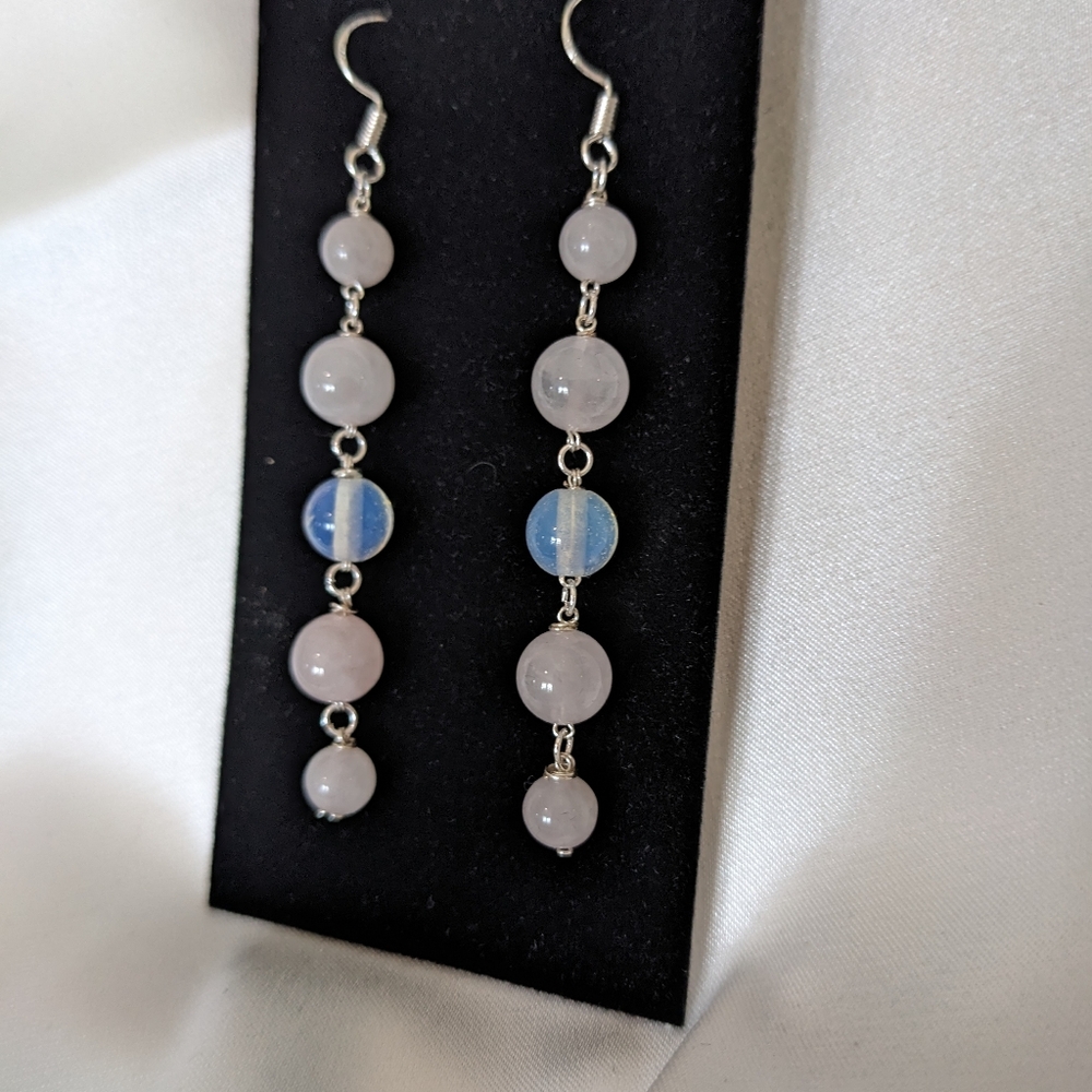ROSE QUARTZ & MOONSTONE Earrings Dangle Long Handmade Crystal Beads Pink Cute - Picture 3 of 11